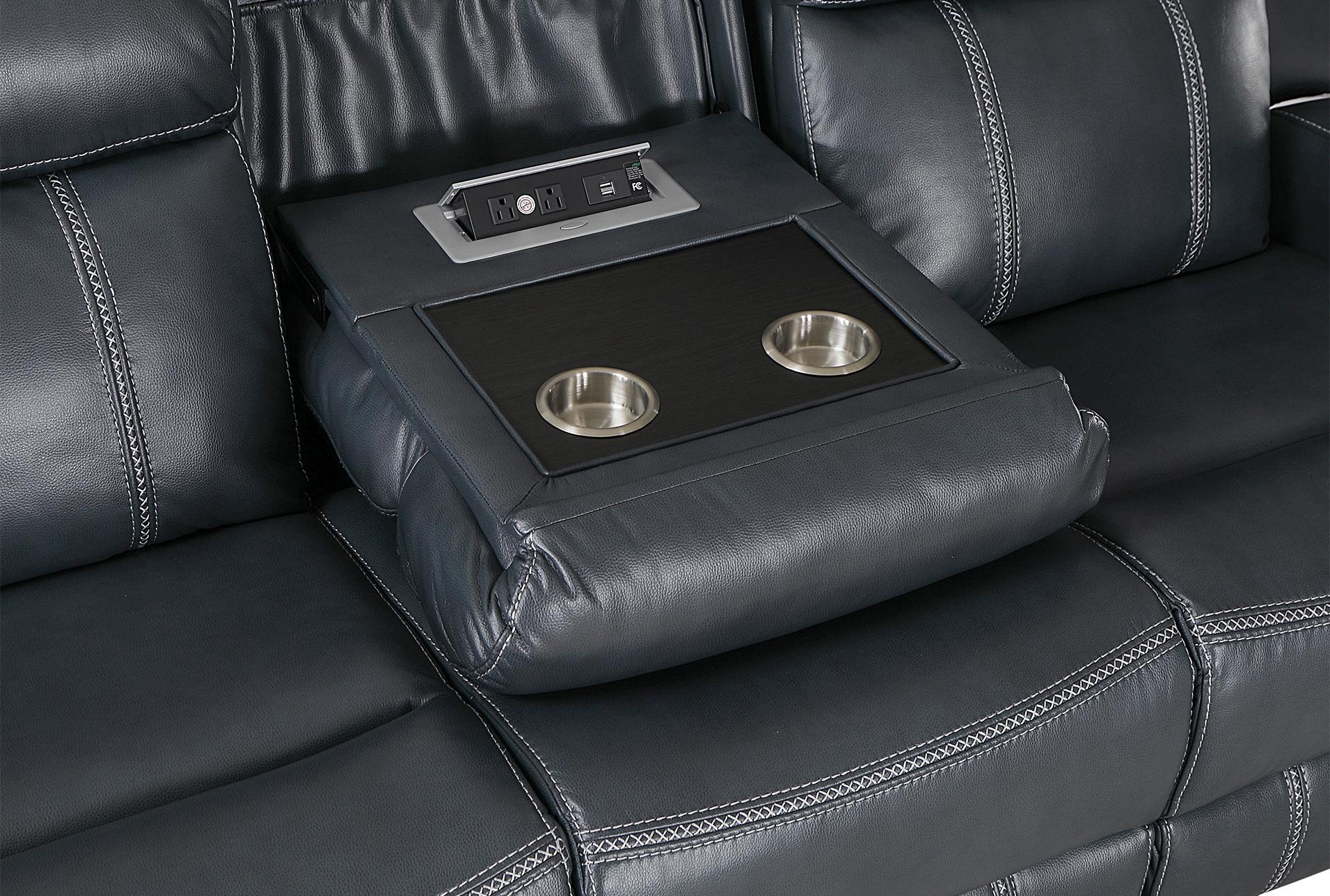 laurel blue faux 86" leather reclining sofa with dropdown table & usb | cup holders 15 laurel blue faux 86" leather reclining sofa with dropdown table & usb | cup holders