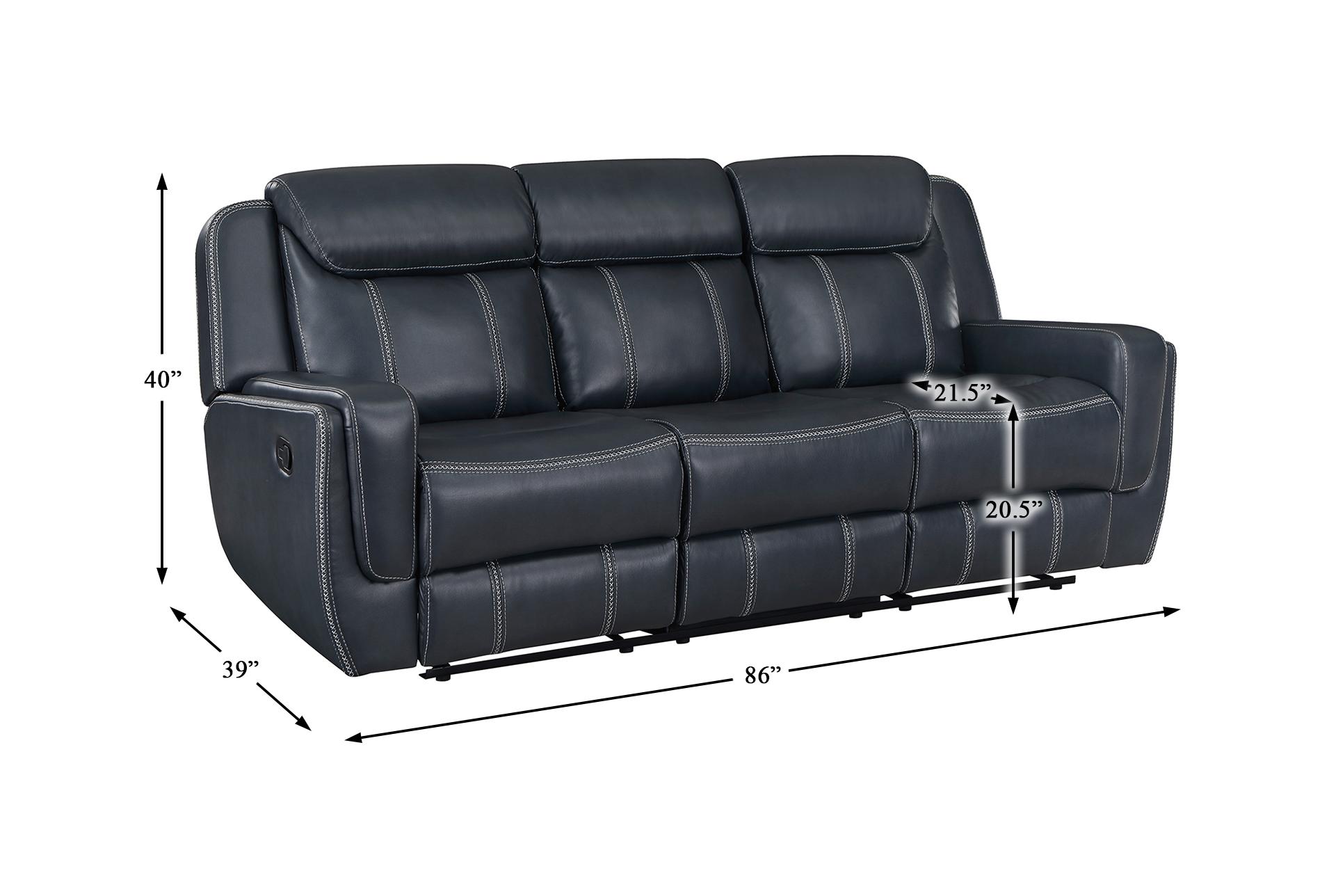 laurel blue faux 86" leather reclining sofa with dropdown table & usb | cup holders 16 laurel blue faux 86" leather reclining sofa with dropdown table & usb | cup holders