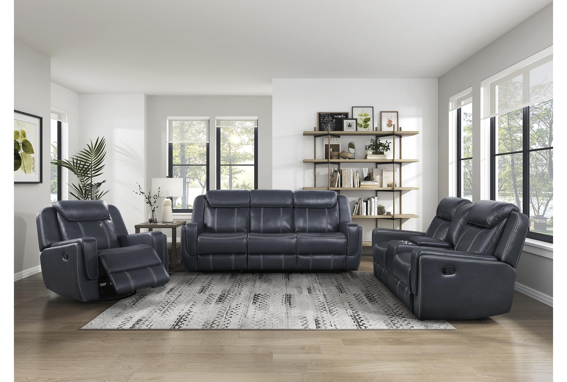 laurel blue faux 86" leather reclining sofa with dropdown table & usb | cup holders 19 laurel blue faux 86" leather reclining sofa with dropdown table & usb | cup holders