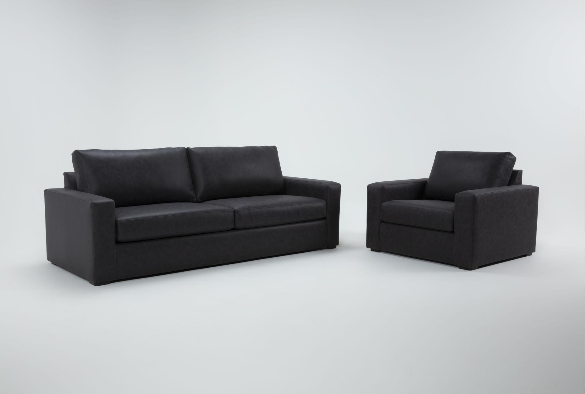 araceli ii charcoal grey black vegan faux leather 2 piece 95" sofa & oversized chair set | loose reversible back 1 araceli ii charcoal grey black vegan faux leather 2 piece 95" sofa & oversized chair set | loose reversible back