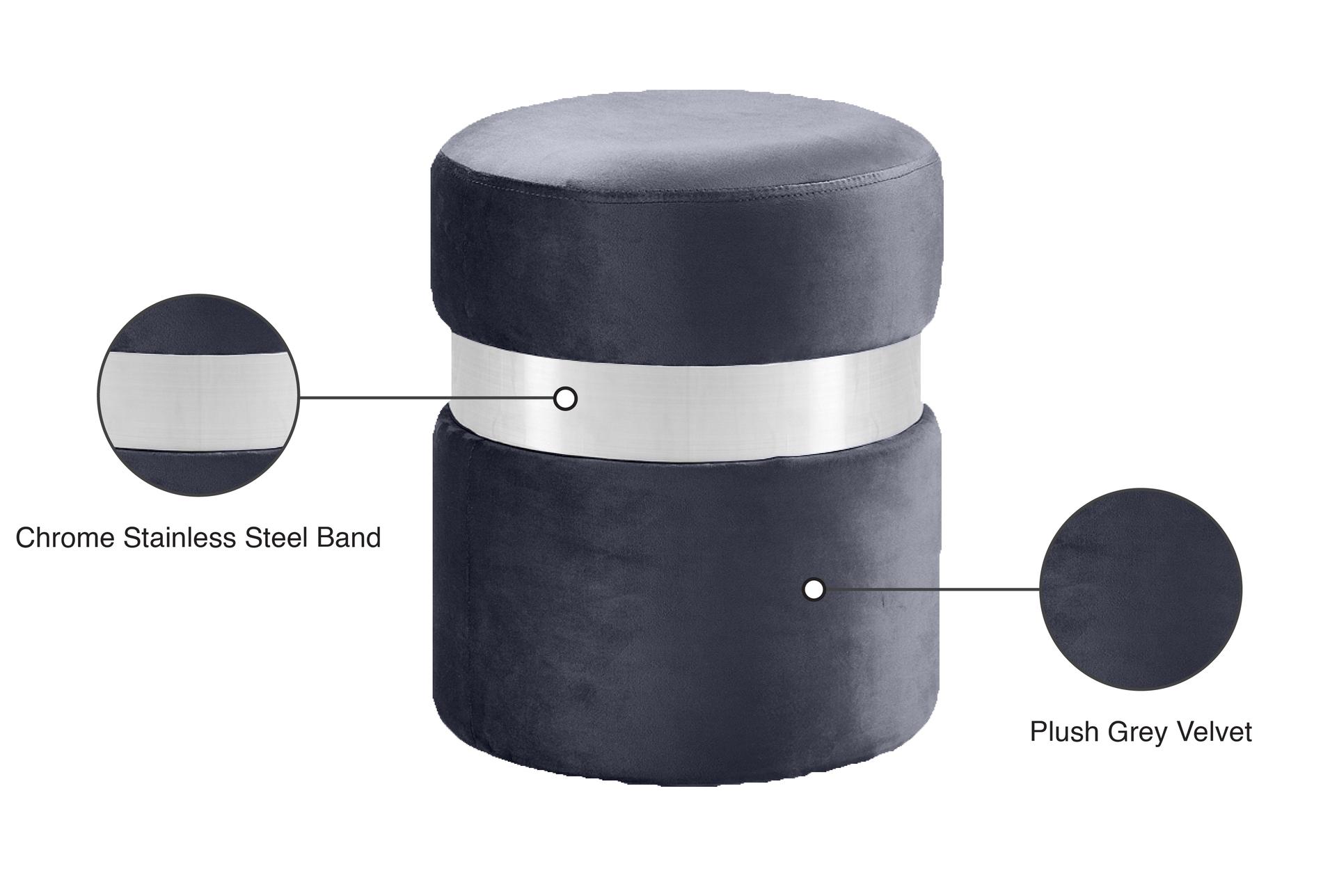 hailey grey velvet round upholstered ottoman/stool | chrome finish 7 hailey grey velvet round upholstered ottoman/stool | chrome finish