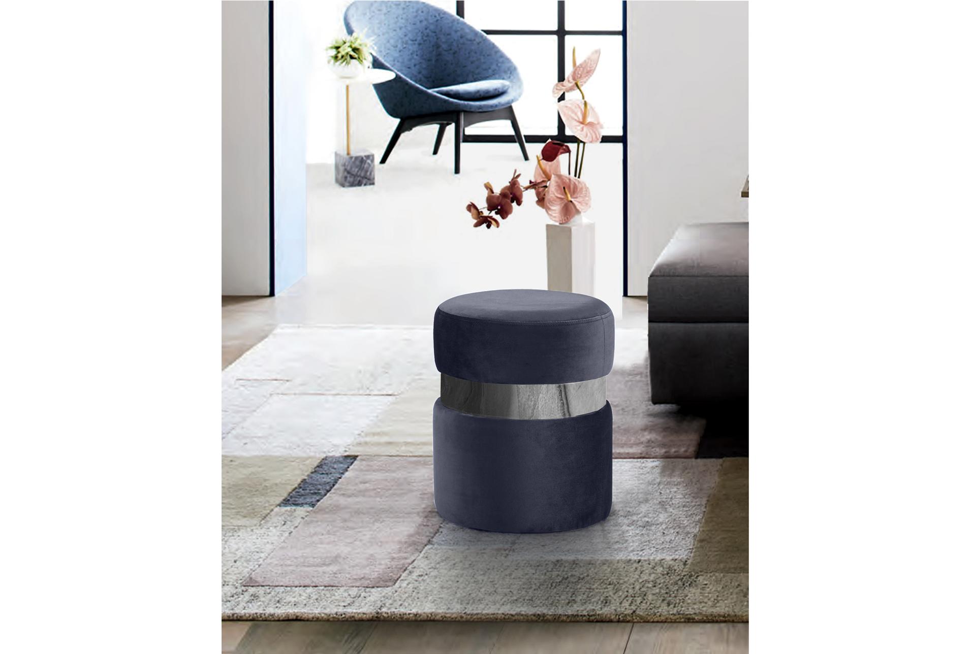 hailey grey velvet round upholstered ottoman/stool | chrome finish 8 hailey grey velvet round upholstered ottoman/stool | chrome finish