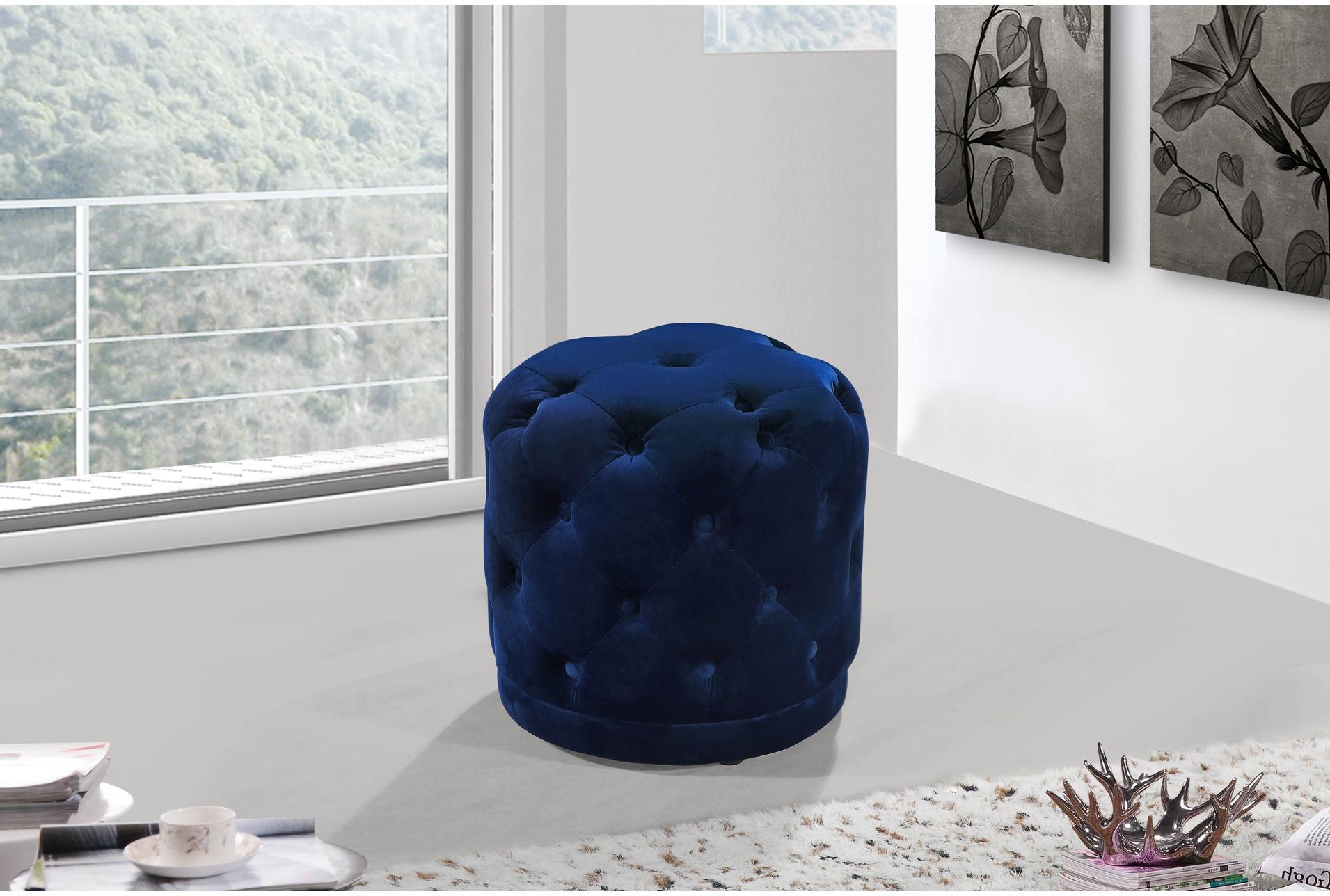 warrick navy velvet round upholstered ottoman/stool 8 warrick navy velvet round upholstered ottoman/stool