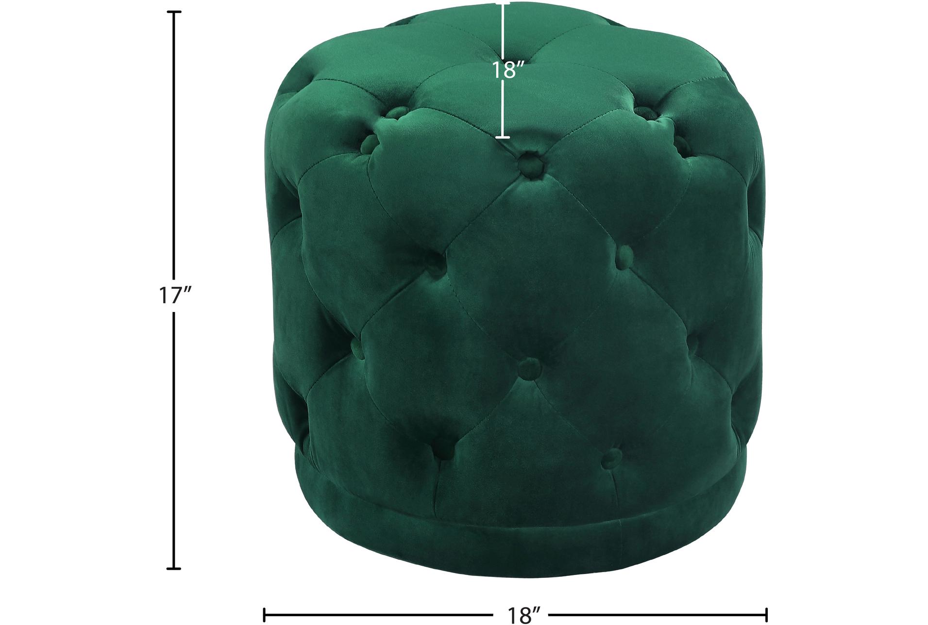 warrick green velvet upholstered ottoman/stool | round 6 warrick green velvet upholstered ottoman/stool | round