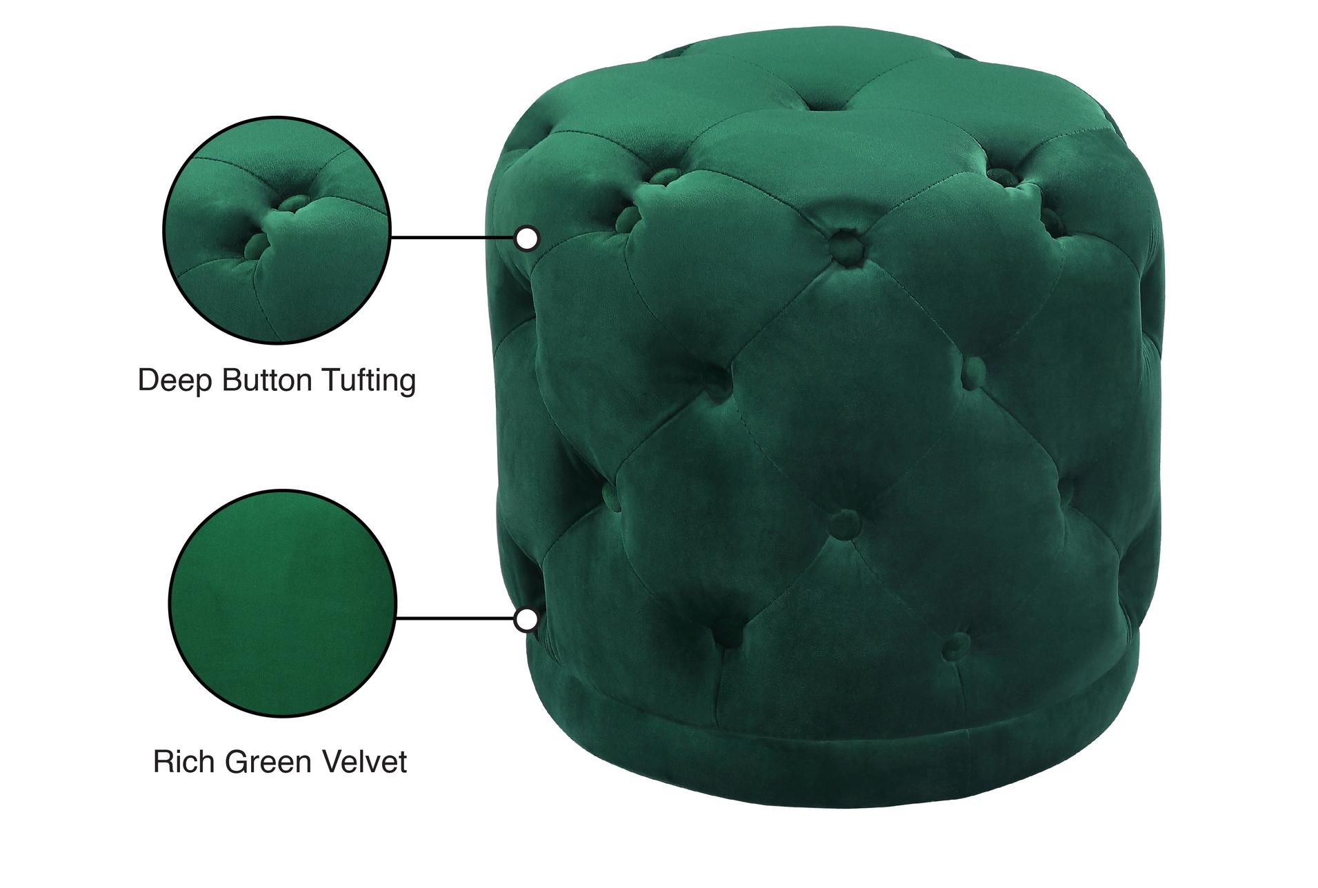 warrick green velvet upholstered ottoman/stool | round 7 warrick green velvet upholstered ottoman/stool | round