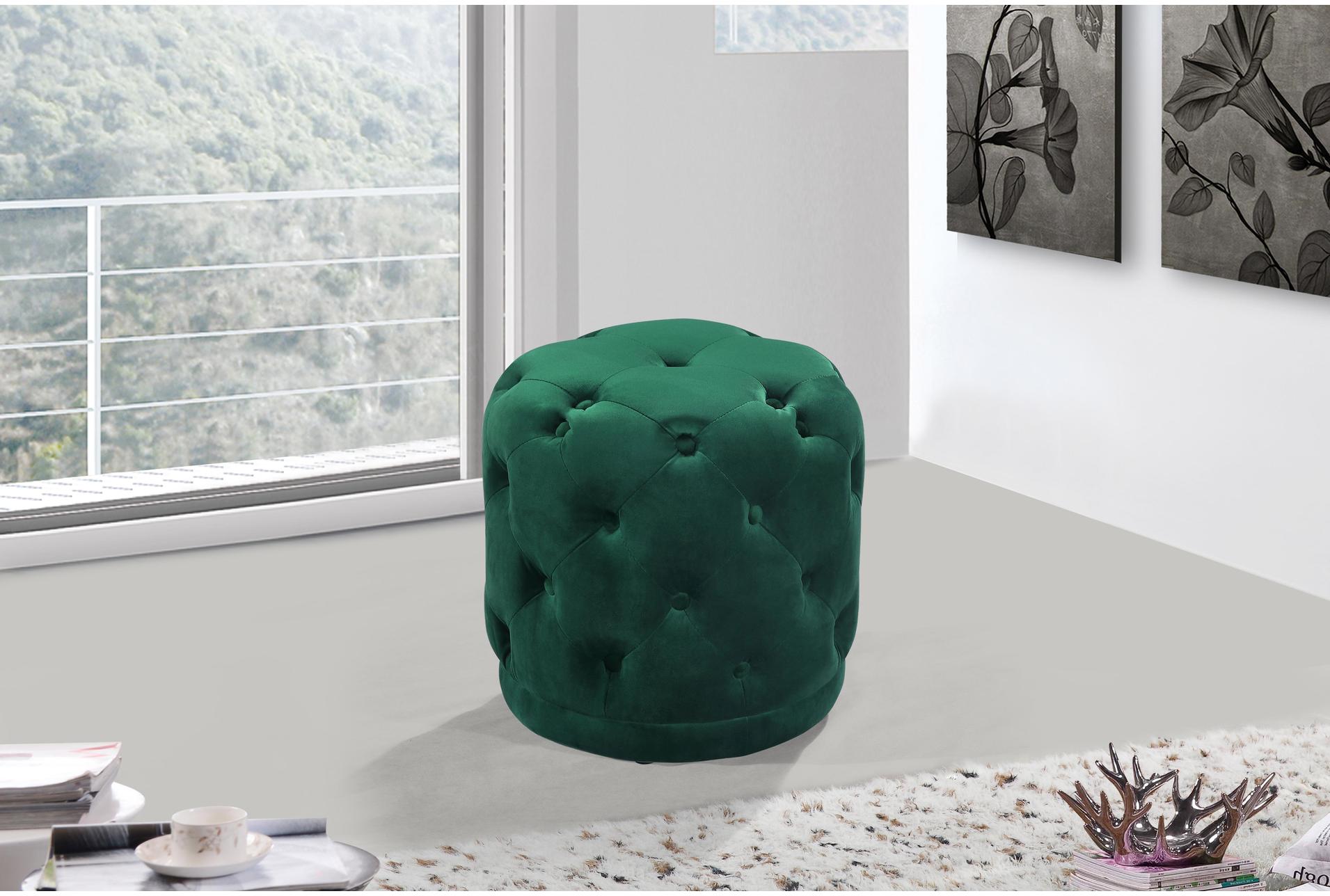 warrick green velvet upholstered ottoman/stool | round 8 warrick green velvet upholstered ottoman/stool | round