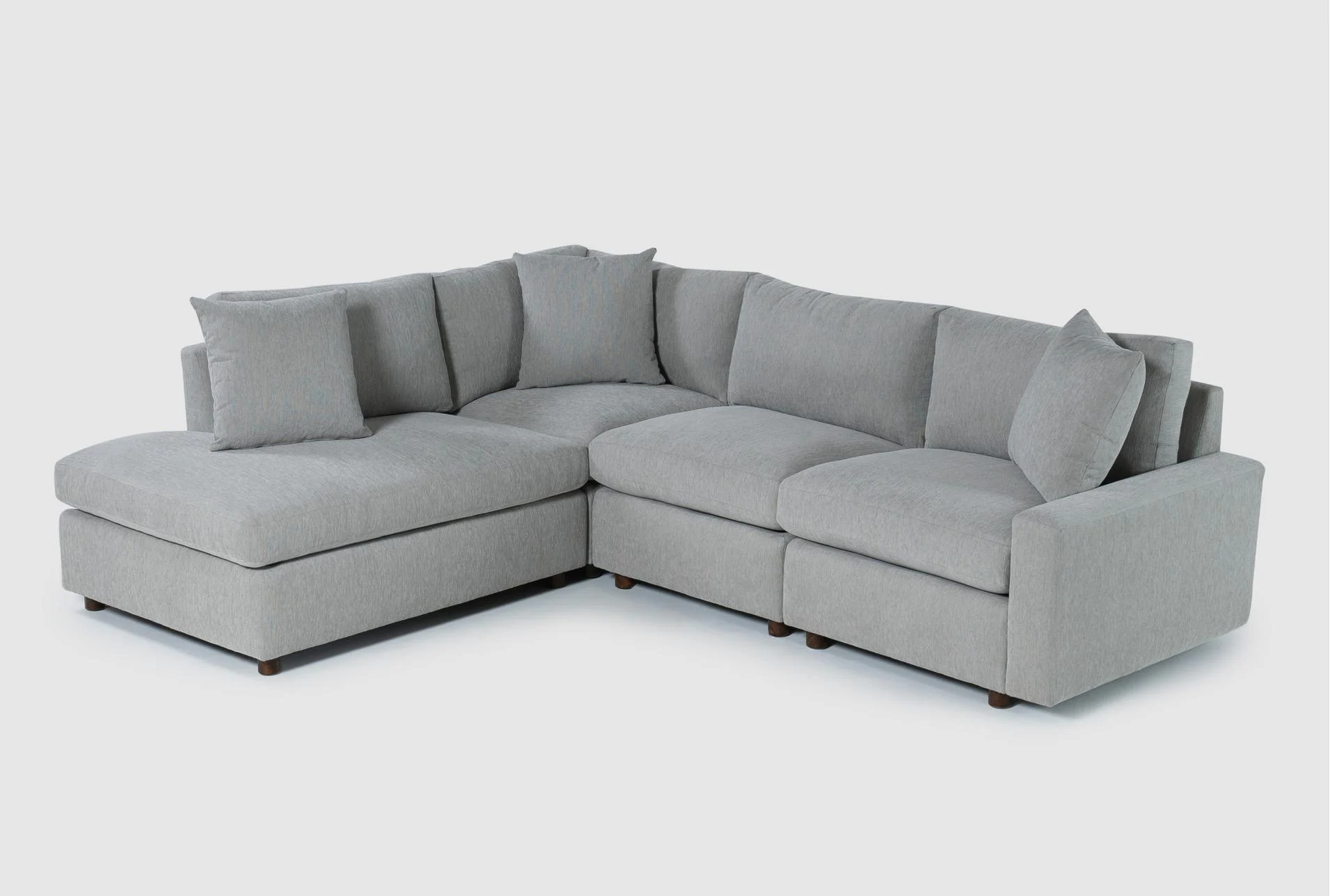 siena mist grey natural performance fabric 4 piece 107" modular flexsteel sectional with left arm facing bumper chaise 1 siena mist grey natural performance fabric 4 piece 107" modular flexsteel sectional with left arm facing bumper chaise