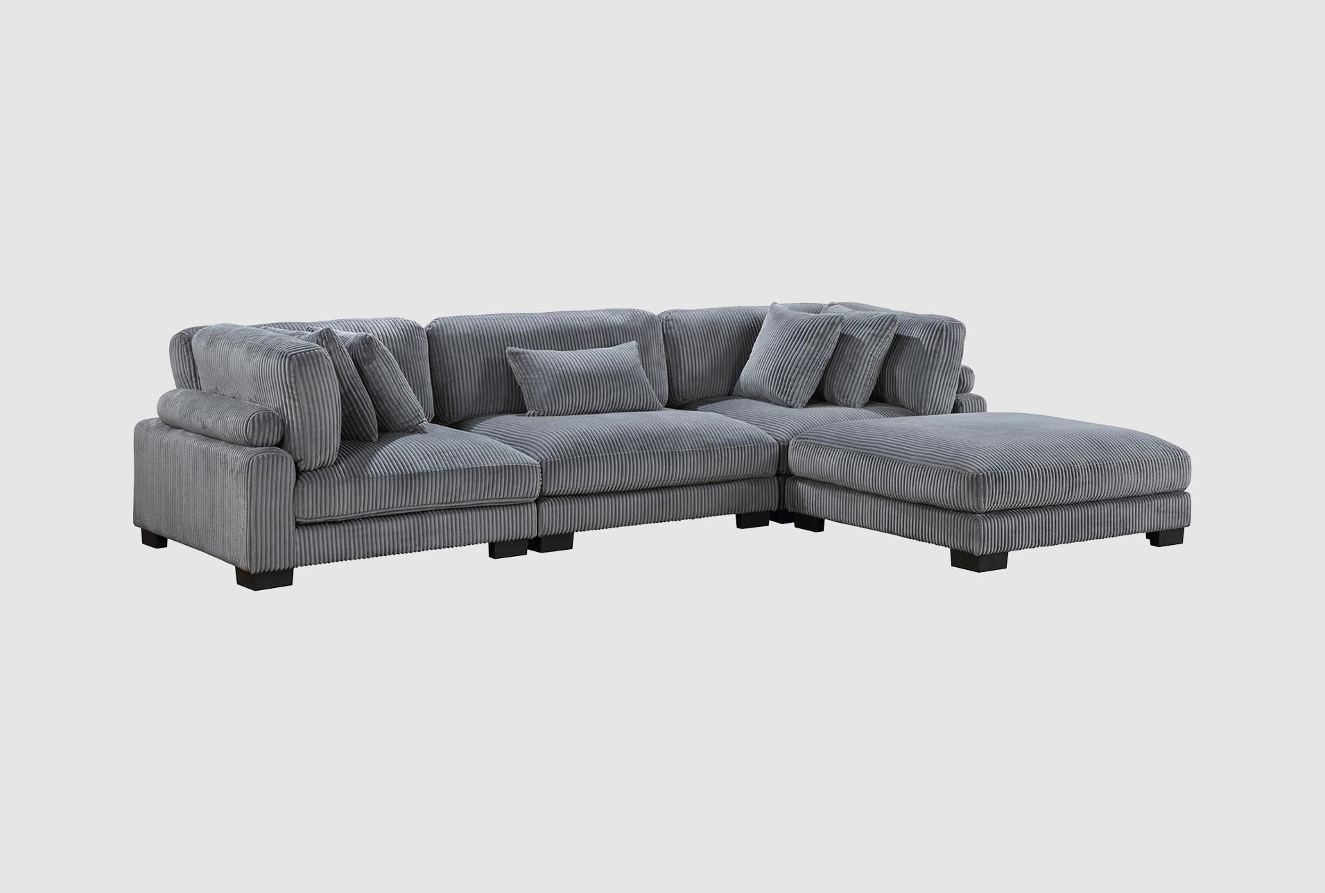 ellery grey corduroy 4-piece modular sectional with ottoman & 2 corner chairs | fabric | reversible | loose reversible back 1 ellery grey corduroy 4-piece modular sectional with ottoman & 2 corner chairs | fabric | reversible | loose reversible back