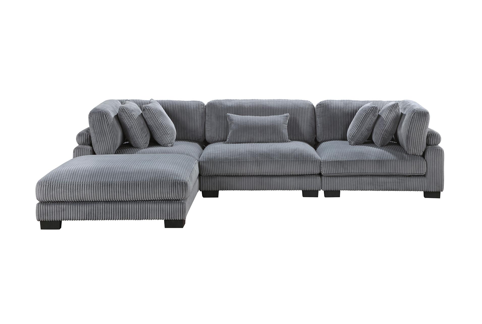 ellery grey corduroy 4-piece modular sectional with ottoman & 2 corner chairs | fabric | reversible | loose reversible back 15 ellery grey corduroy 4-piece modular sectional with ottoman & 2 corner chairs | fabric | reversible | loose reversible back