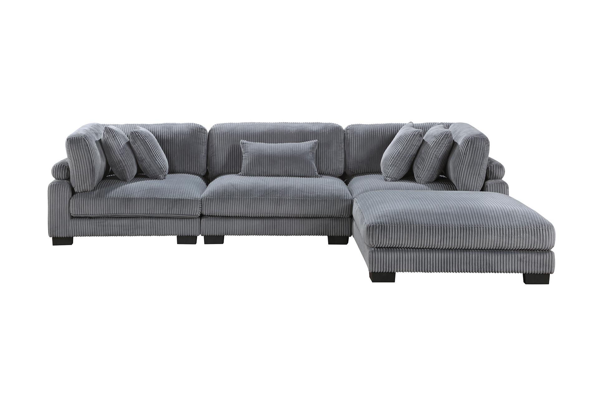 ellery grey corduroy 4-piece modular sectional with ottoman & 2 corner chairs | fabric | reversible | loose reversible back 16 ellery grey corduroy 4-piece modular sectional with ottoman & 2 corner chairs | fabric | reversible | loose reversible back