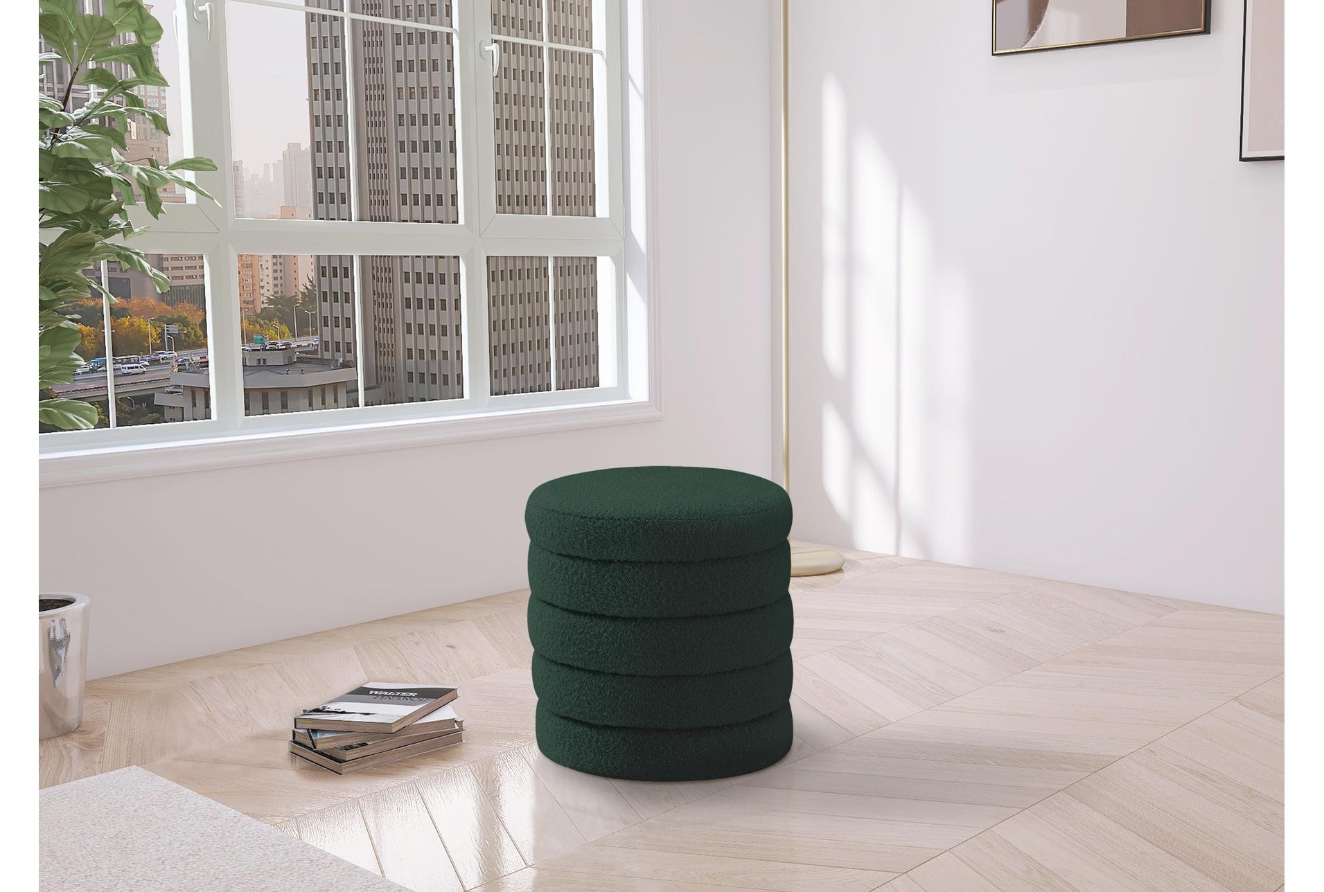 aphia green boucle fabric round upholstered ottoman/stool 8 aphia green boucle fabric round upholstered ottoman/stool