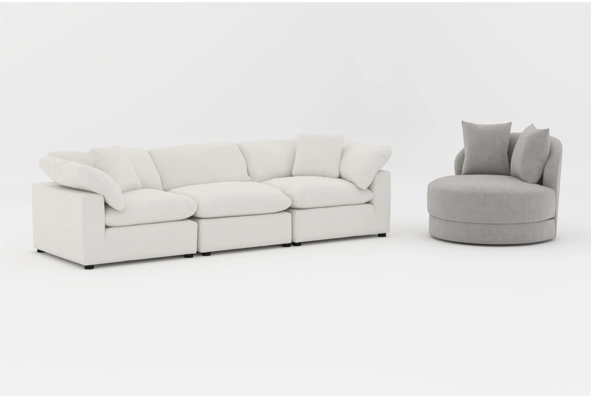zone cream white fabric 124" 3 piece modular sofa|avaya truffle grey fabric swivel barrel chair | loose reversible back 1 zone cream white fabric 124" 3 piece modular sofa|avaya truffle grey fabric swivel barrel chair | loose reversible back