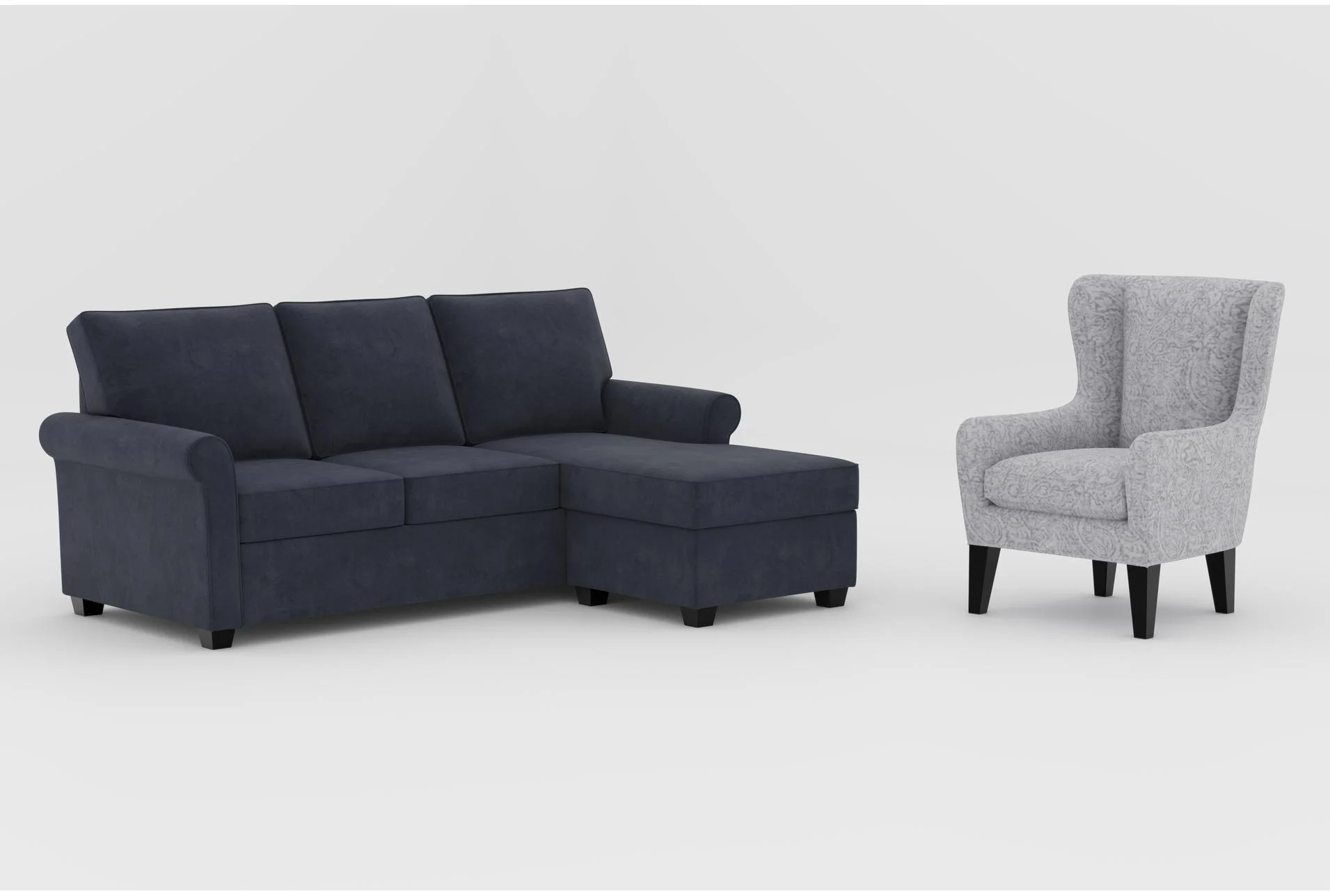 athos midnight blue fabric 86" sofa with reversible chaise|anabelle ii grey fabric wingback arm chair with espresso finish 1 athos midnight blue fabric 86" sofa with reversible chaise|anabelle ii grey fabric wingback arm chair with espresso finish