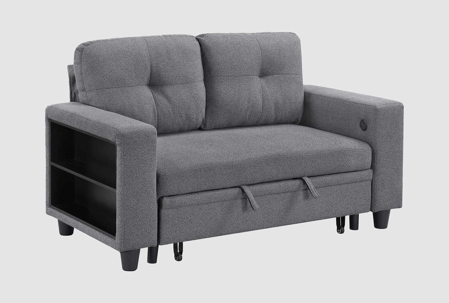 dwyer grey loveseat with pull-out bed shelves and charging ports 1 dwyer grey loveseat with pull-out bed shelves and charging ports