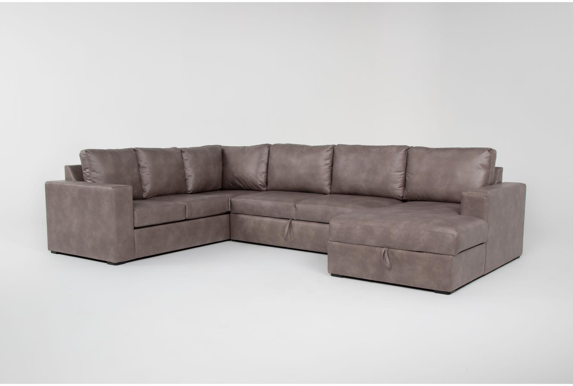 sebastian taupe brown faux leather 140" 3 piece convertible sectional with right arm facing storage chaise | fabric 1 sebastian taupe brown faux leather 140" 3 piece convertible sectional with right arm facing storage chaise | fabric