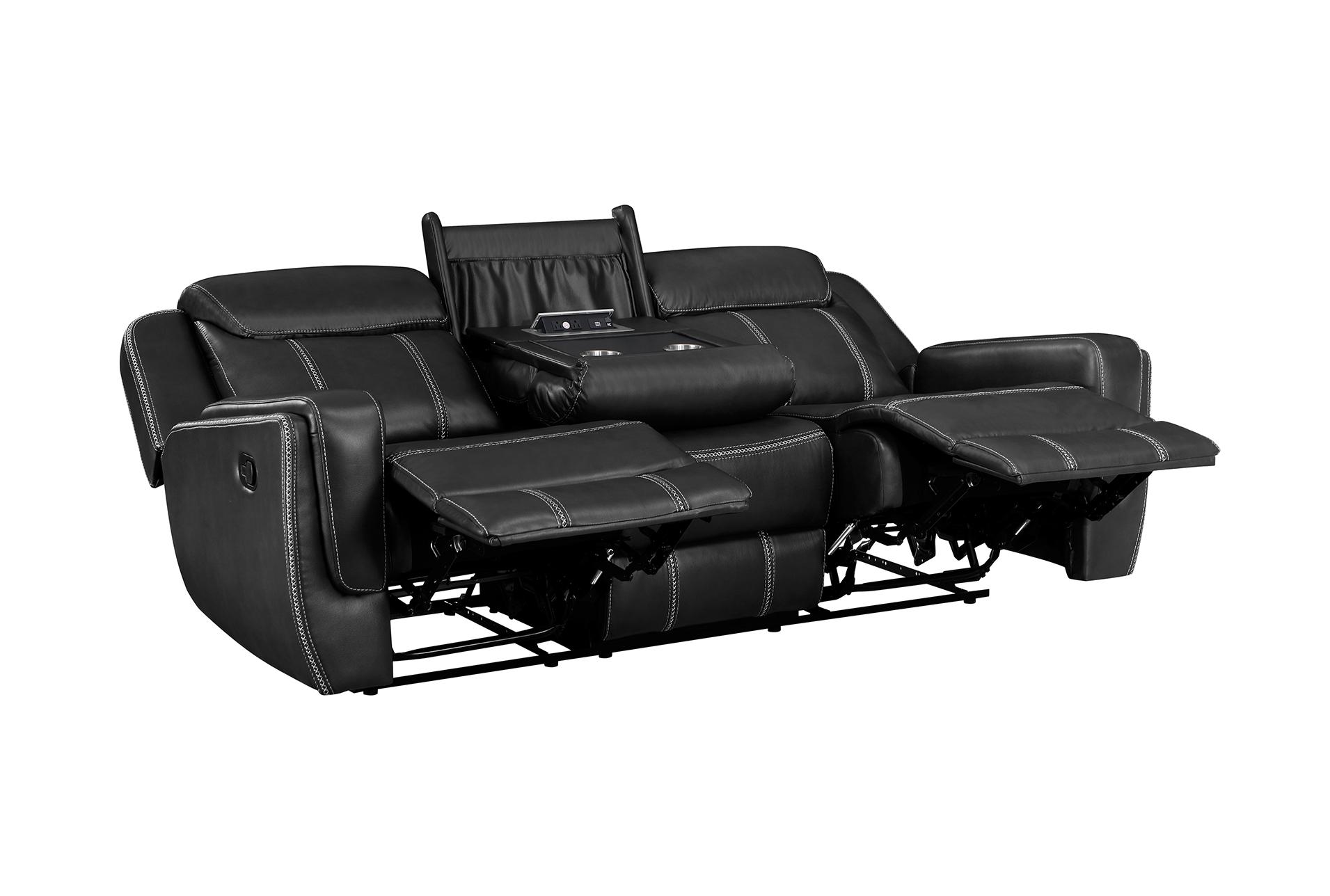 vanguard black faux leather 86" manual reclining sofa with drop down table & usb | exterior pull 15 vanguard black faux leather 86" manual reclining sofa with drop down table & usb | exterior pull