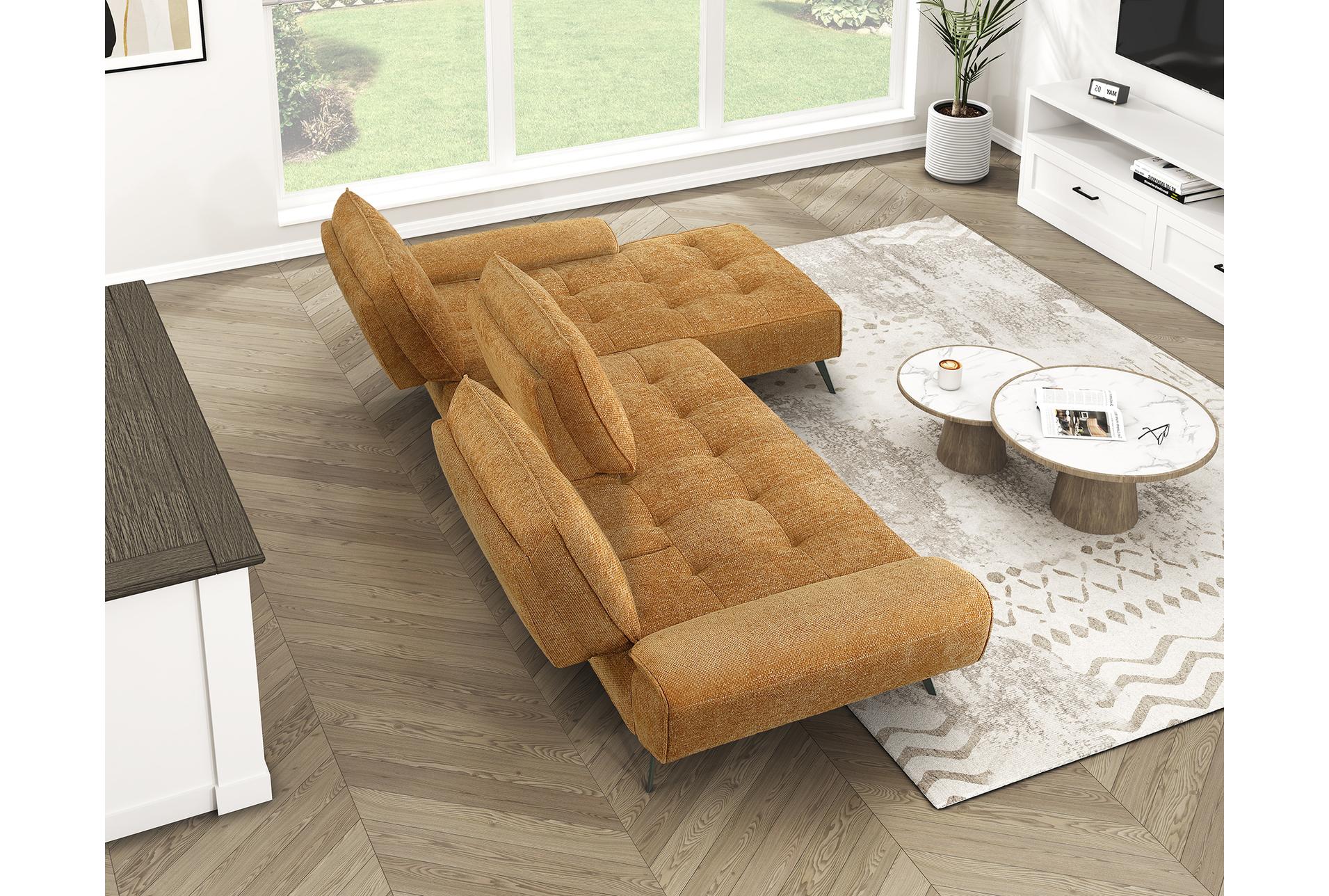 vortex orange 2-piece sectional with right chaise and dual-position backs for adjustable seat depth 26 vortex orange 2-piece sectional with right chaise and dual-position backs for adjustable seat depth