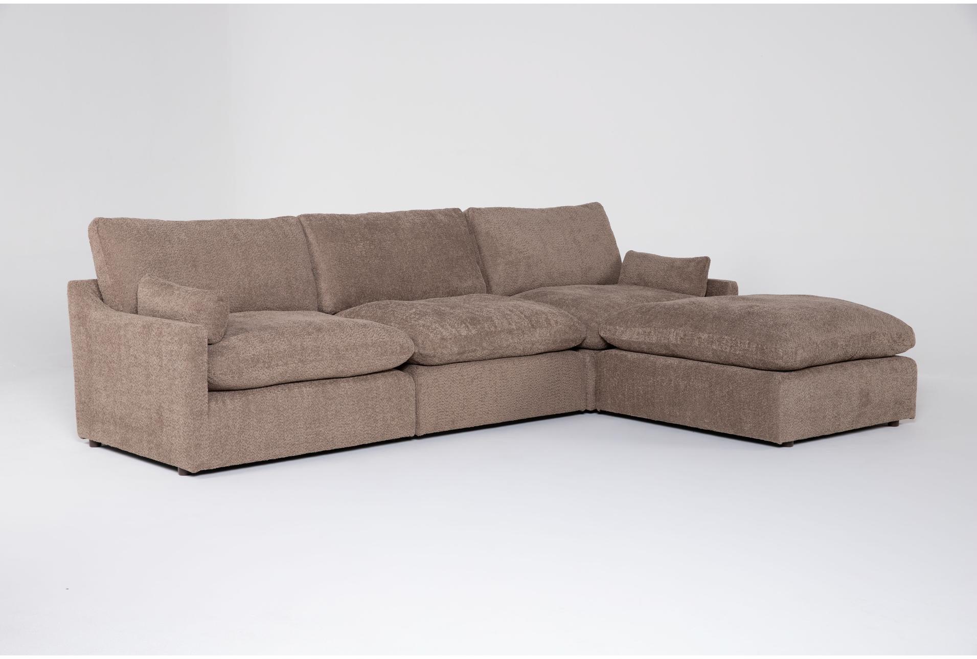 aaliyah mink brown boucle fabric modular 3 piece sofa with ottoman | reversible | loose reversible back