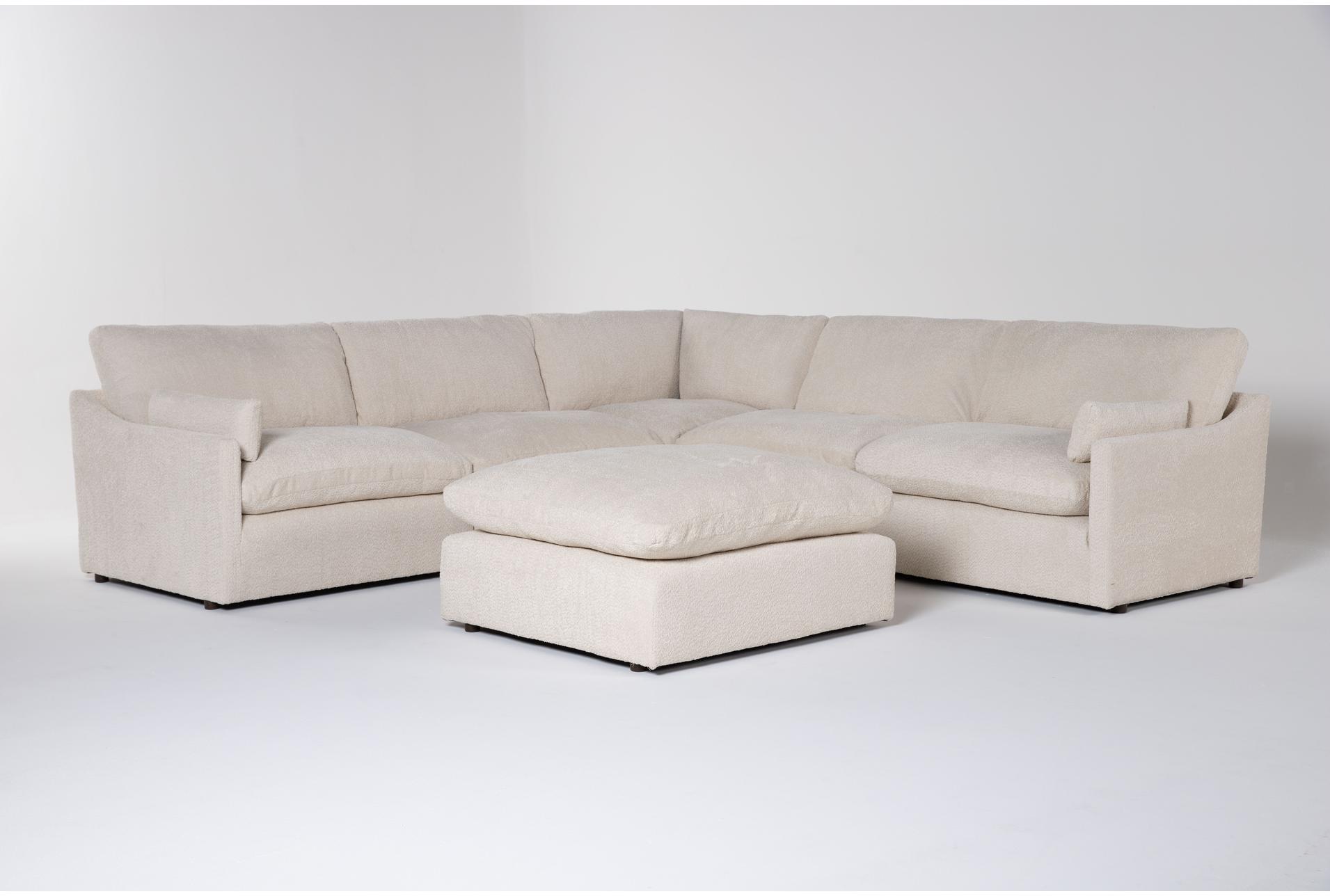 aaliyah cream beige boucle fabric 5 piece 122" modular l-shaped sectional with ottoman | reversible | loose reversible back