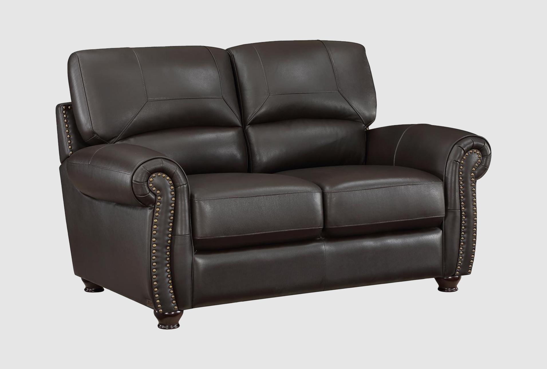 sidney dark brown 62" leather loveseat | rolled arms | nailhead 1 sidney dark brown 62" leather loveseat | rolled arms | nailhead
